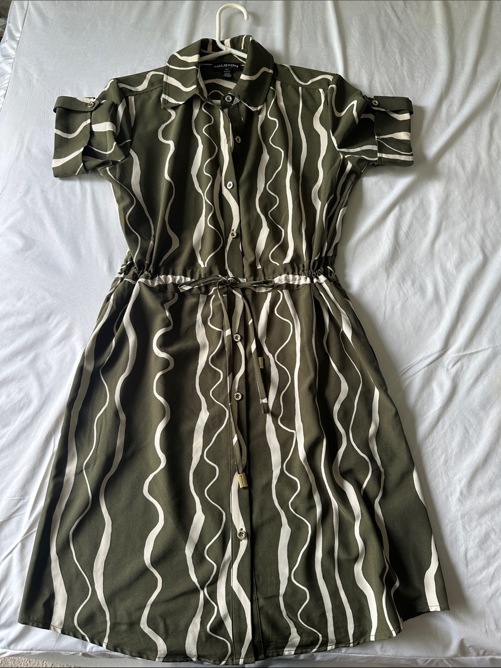 H by Halston Olive Green Midi Shirt Dress with White Wave Print